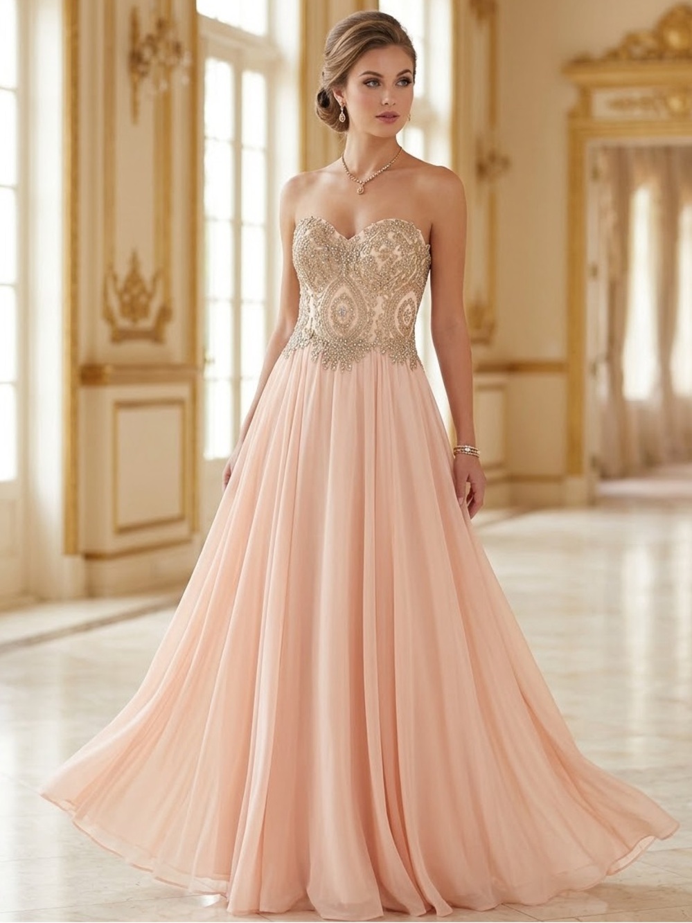 Lux Strapless Blush Pink Gown with Gold Embroidered Bodice